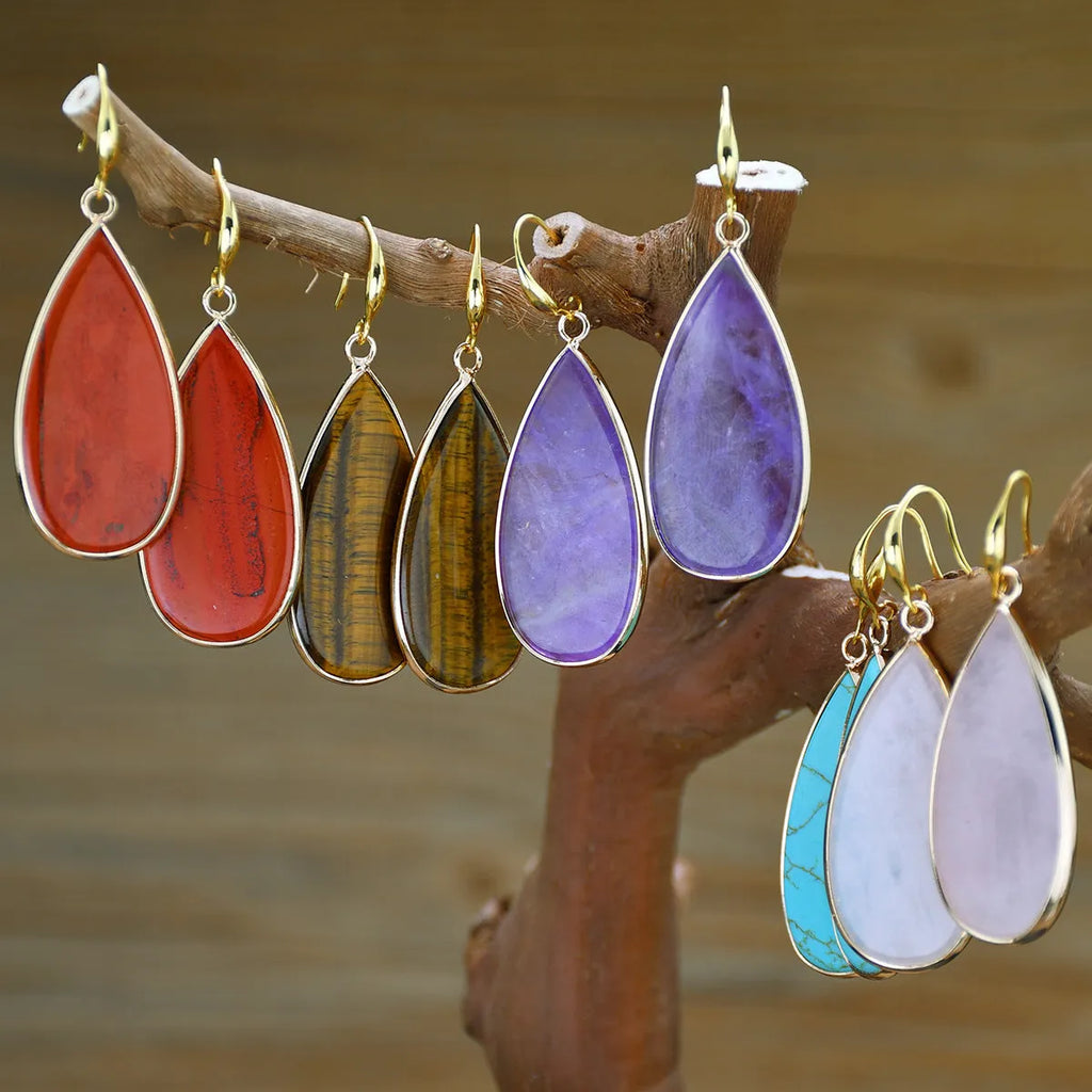 Vintage Tigereye long water drops earrings showing 5-7cm stone drop shape with manual texture processing