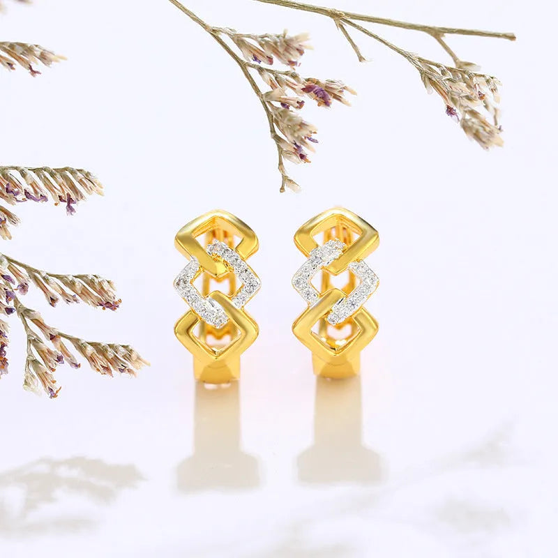 Geometric hollow-out gold electroplated alloy earrings with ear clip fastening, lightweight 2.5g design