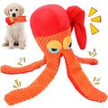 Orange octopus plush dog chew toy with textured tentacles and squeaker for dental cleaning