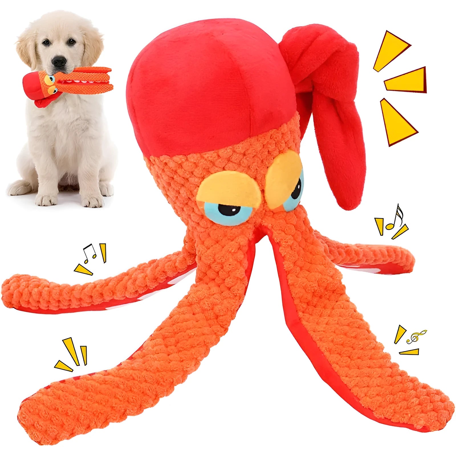 Orange octopus plush dog chew toy with textured tentacles and squeaker for dental cleaning
