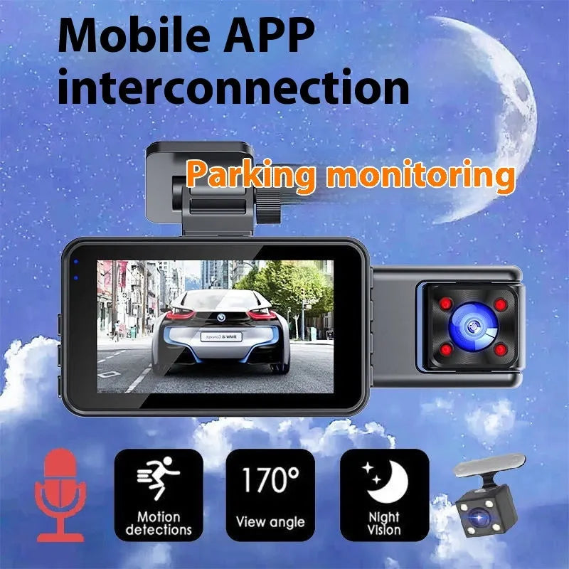 Black three-lens car dashboard camera with 3 inch screen mounted on front windshield