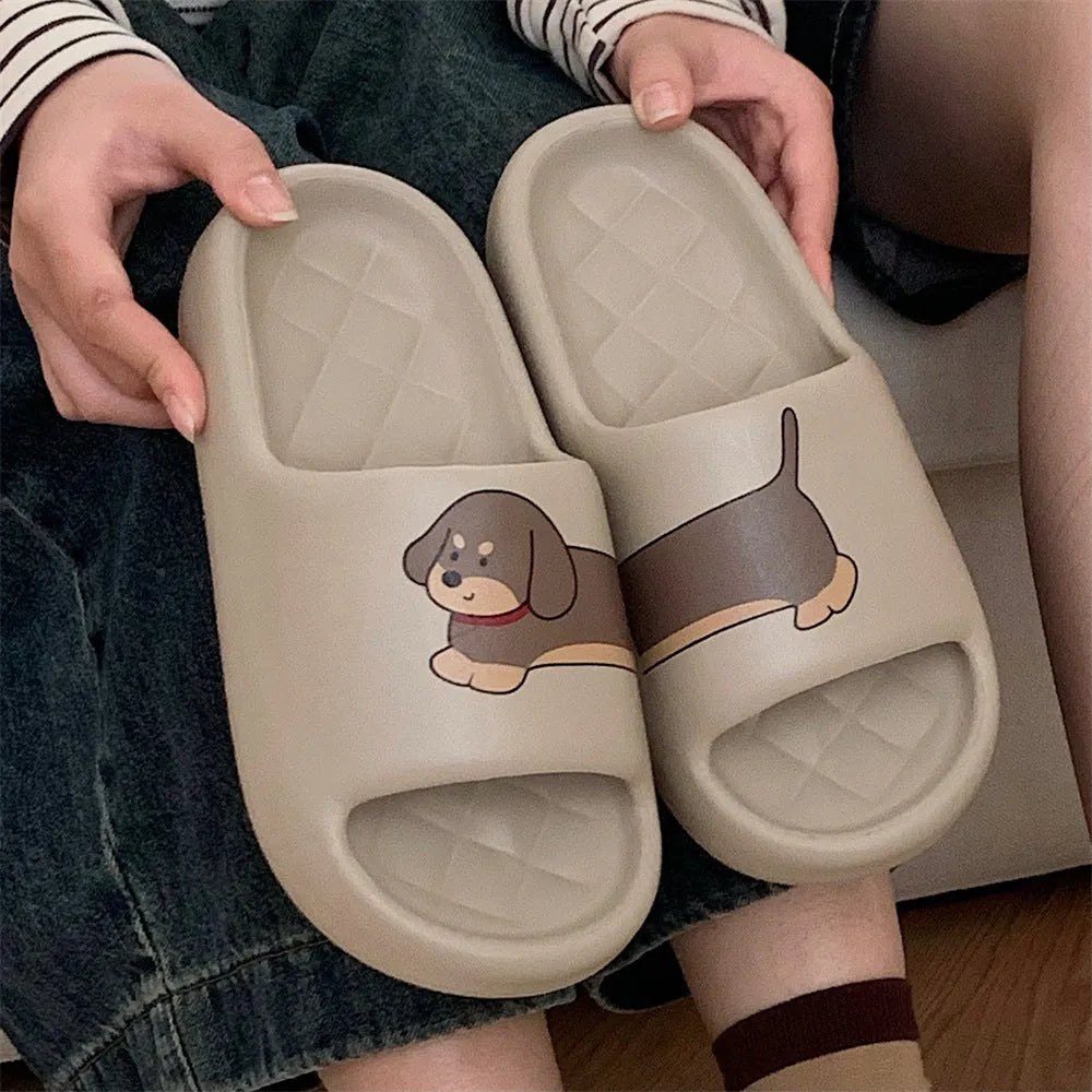 Couple EVA slippers in milky white, desert brown, and black brown with printed stitching