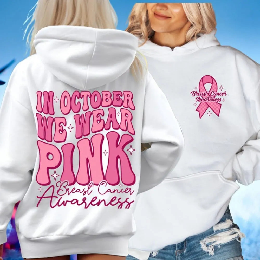 Breast cancer awareness hoodie with retro art hot stamping and side seam pockets in pink colour