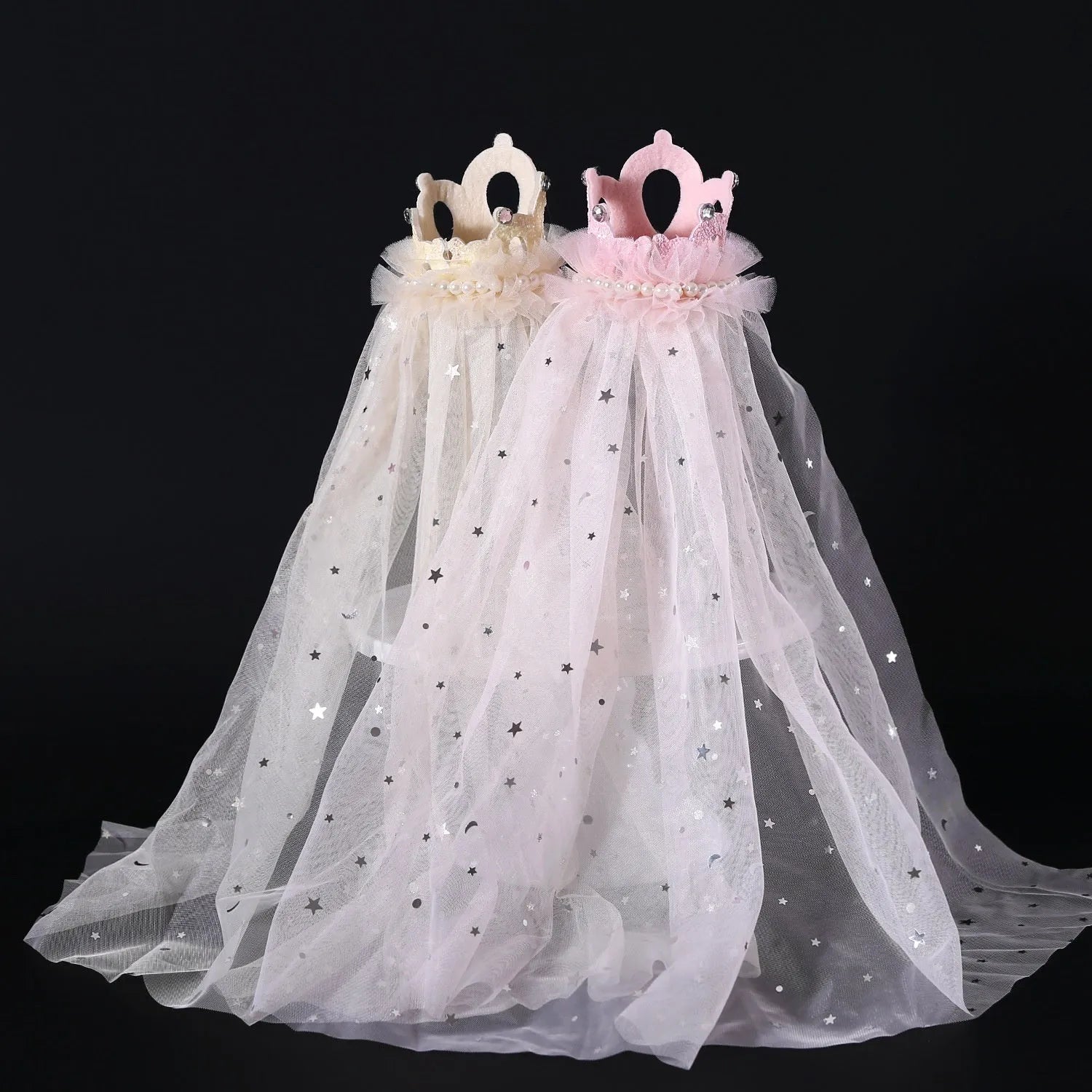 Adjustable princess crown headdress for cats with veil in beige or pink options, cotton-polyester material