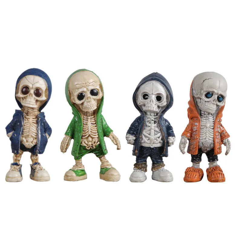 Resin skull ornament for Halloween and Ghost Festival, available in blue, green, navy blue and orange.