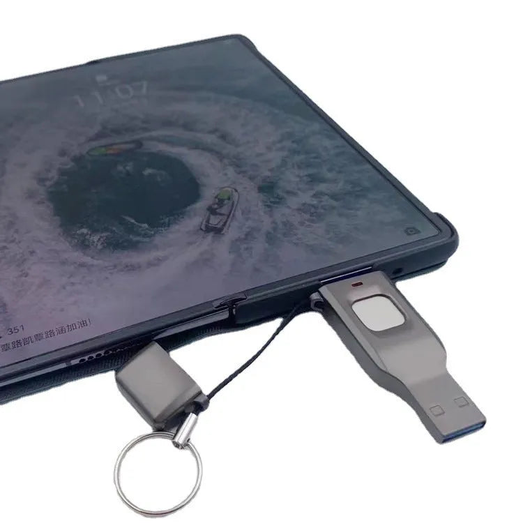 Black fingerprint USB disk showing USB 3.0 connector and Type-C connector with biometric sensor
