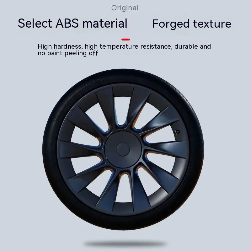 Set of four plastic wheel hub covers for a Tesla Model Y in a choice of colours.