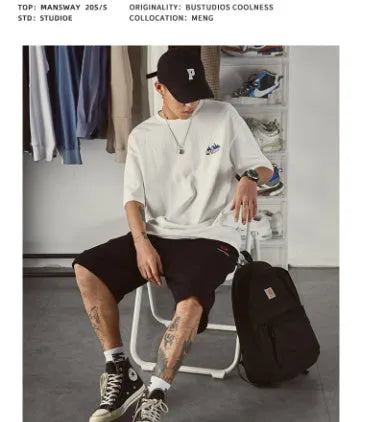 Men's loose fit plus size short-sleeved t-shirt in black, dark grey and white.