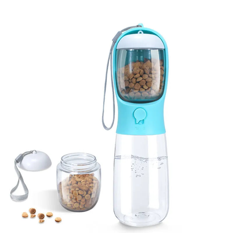Portable plastic pet cup with 550ml water and 100g grain compartment, detachable design, shown in milk white, pink or turquoise