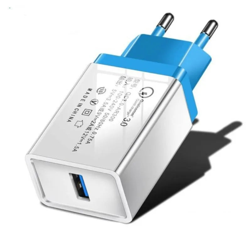 Single-port QC3.0 fast travel charger in choice of colours with US flat pin or EU round pin plug.