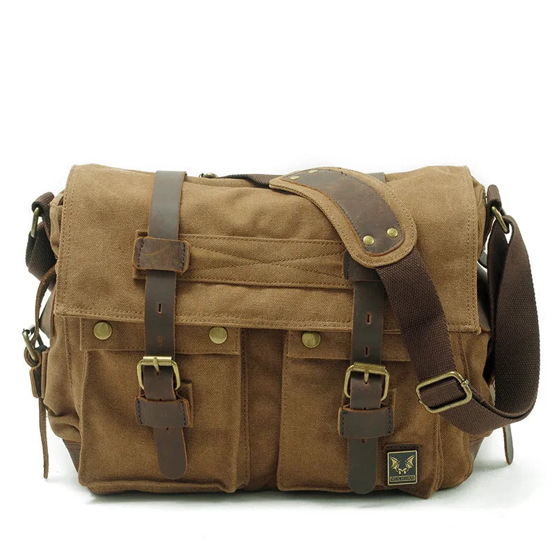 Men's canvas crossbody shoulder bag in Army Green with cowhide accents, showing internal compartments and flap design