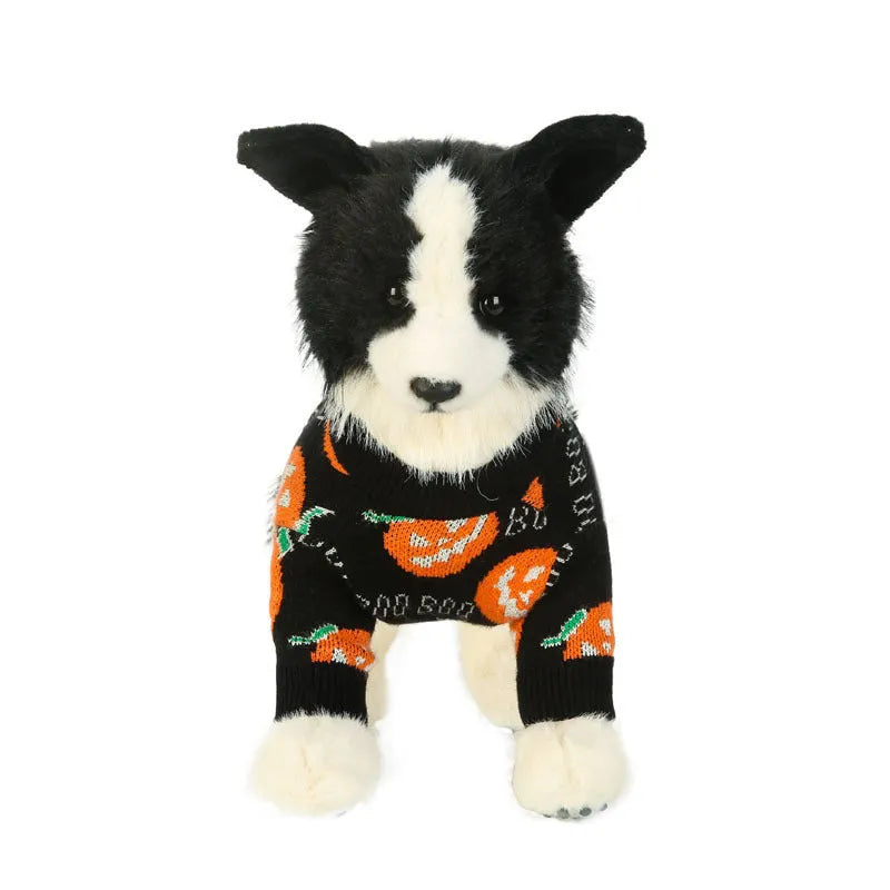 Black dog Halloween sweater with orange pumpkin pattern design in polyester knit fabric