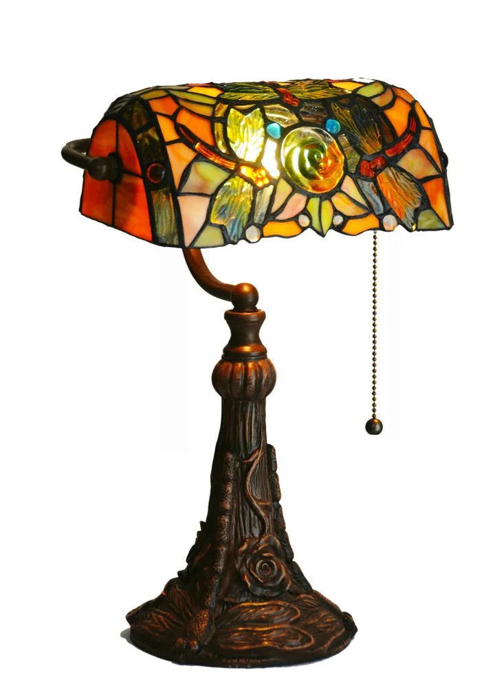 10-inch Tiffany stained glass table lamp with coloured panels, 36cm tall and 25cm wide, featuring E27 holder and resin base