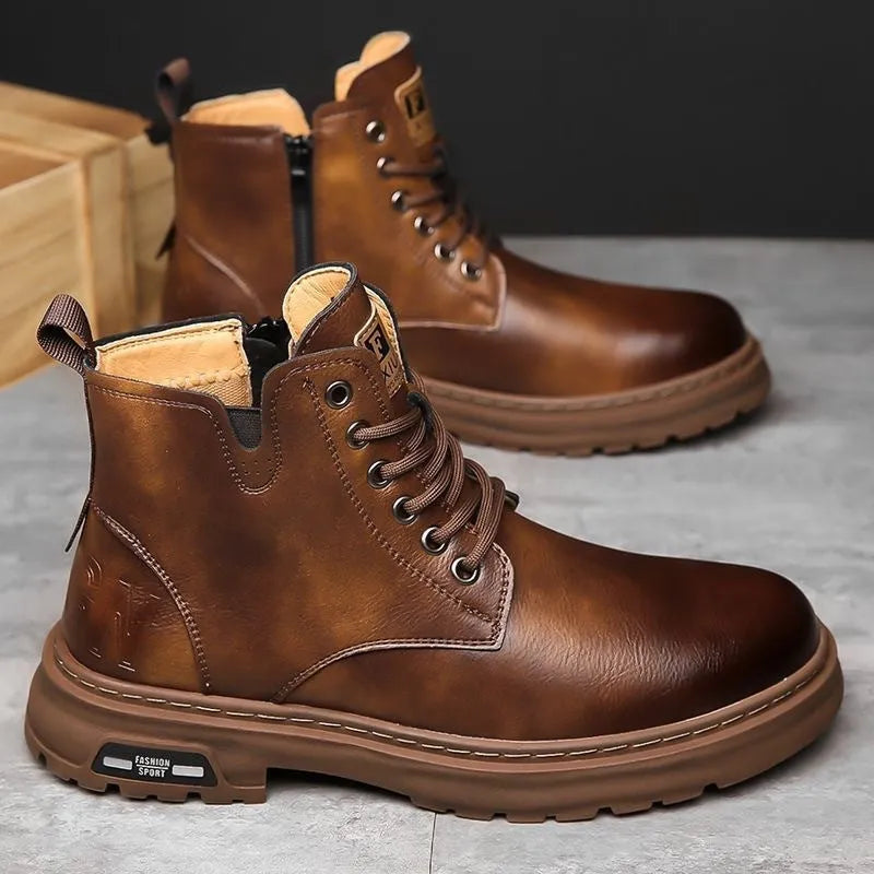 Men's black British Martin boots with thick rubber sole and front lace-up design