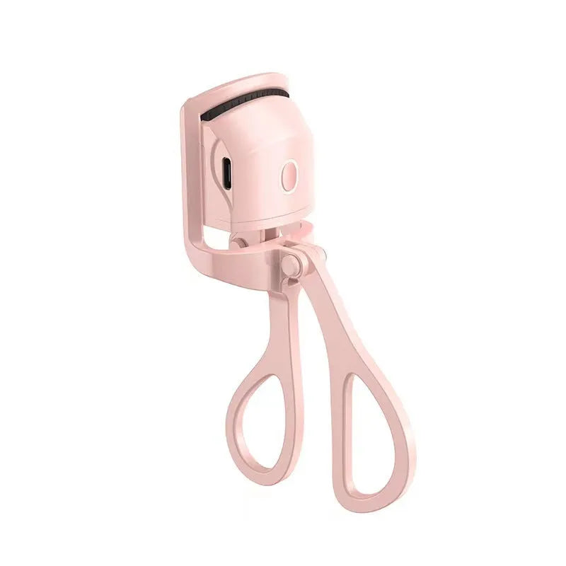 Pink and white USB rechargeable heated eyelash curler with dual temperature settings.
