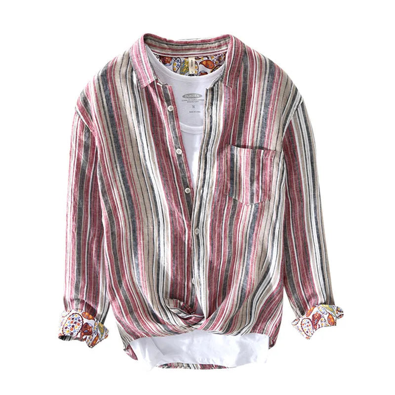 Men's red and grey striped linen shirt with long sleeves in loose fit for spring and summer wear