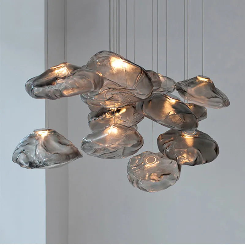 Postmodern light luxury glass decorative chandelier in amber finish with fabric body and push-button switch