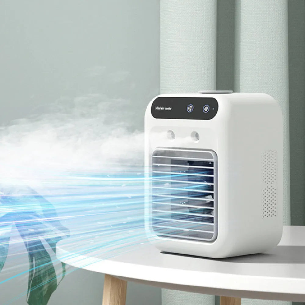 Ivory white portable USB air cooler with water tank and touchscreen controls on desk