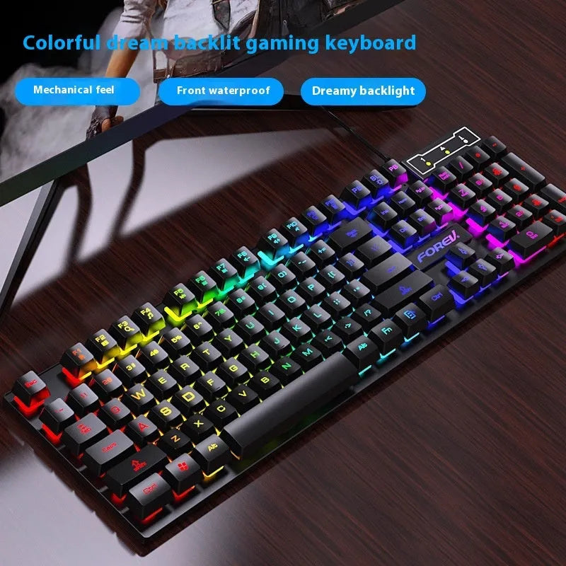 Black backlit 104-key gaming keyboard with mouse, showing ABS construction and 1.5m cable