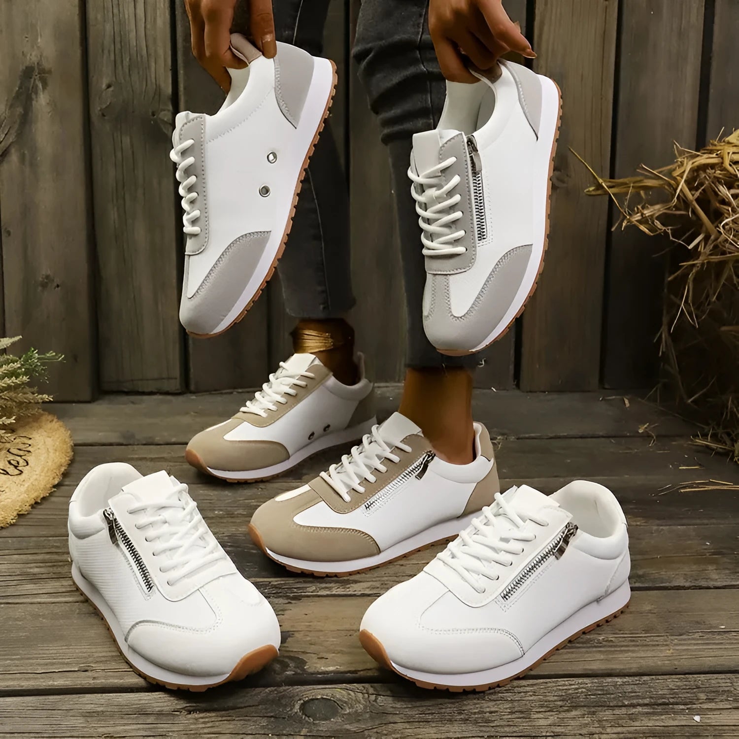 Women's flat-heeled shoes in champagne, grey, and white colours with artificial PU upper and rubber sole