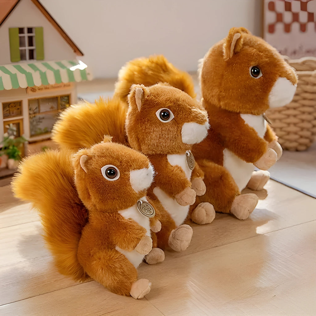 Standing simulation squirrel plush toy doll in red cloak, collar bell or hanging style, available in 17cm, 25cm and 30cm heights.