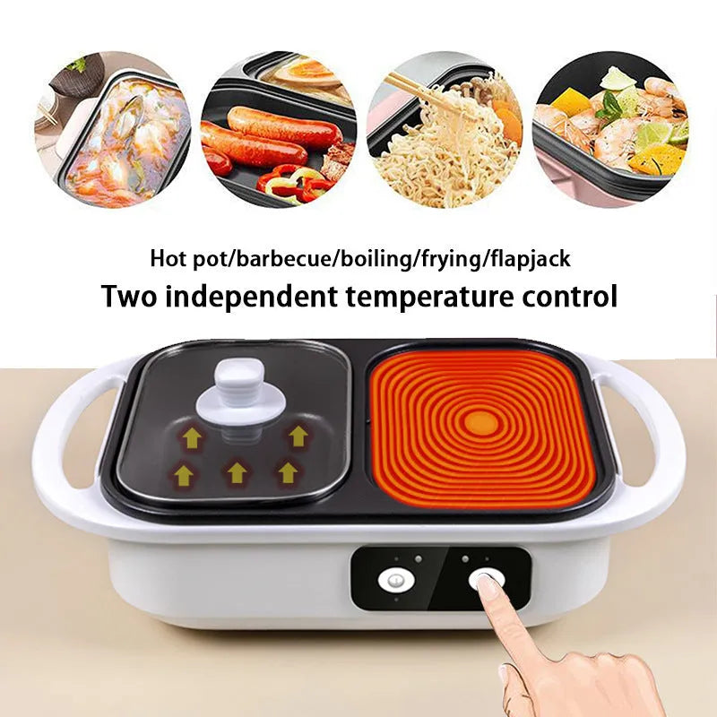 White or green dual-use electric hot pot and frying oven with mechanical dial, dimensions 390mm x 220mm x 120mm.
