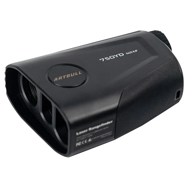 Golf laser rangefinder with LCD display showing distance measurement, flag lock function, and Type-C charging port