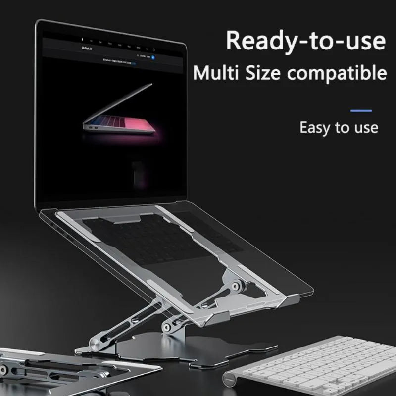 Grey aluminium alloy laptop stand folded flat with adjustable angle and silicone pads
