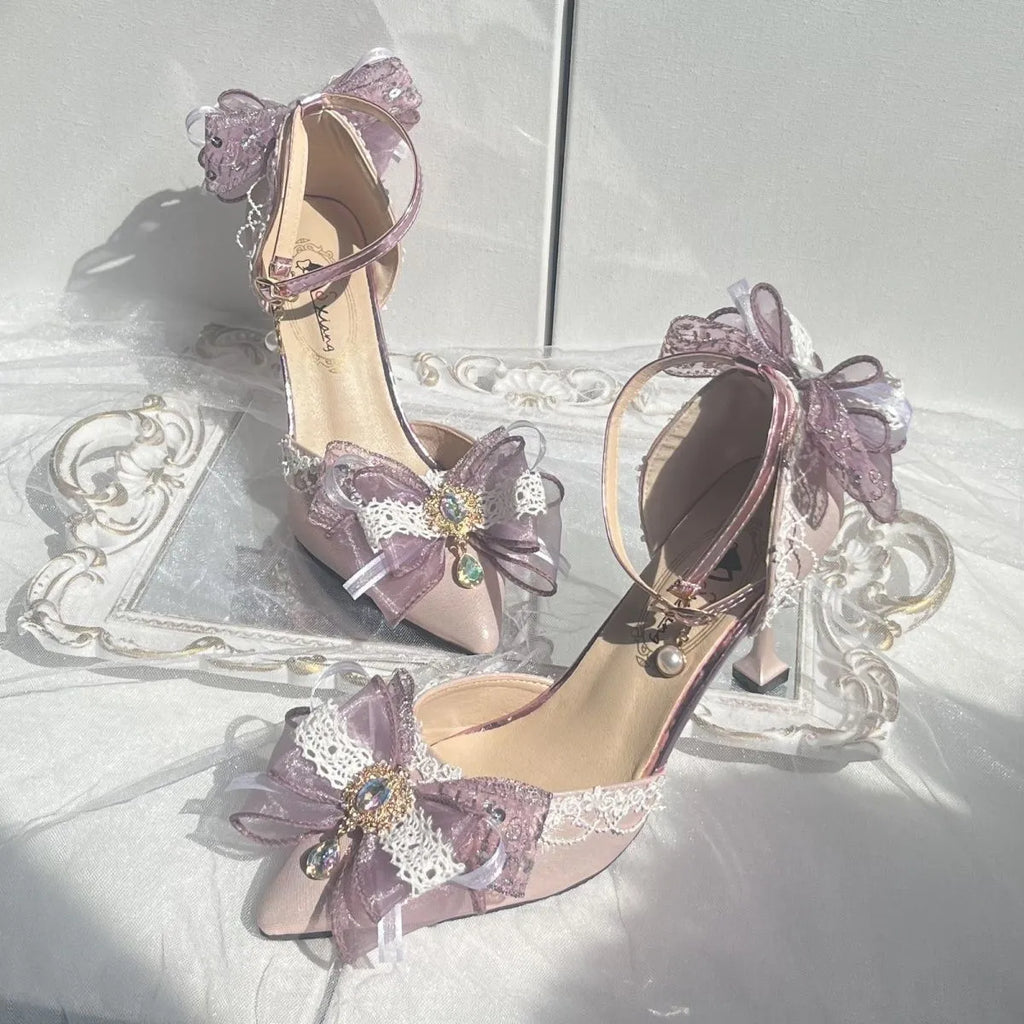 Purple satin women's wedding shoes with square toe and stiletto heel on white background