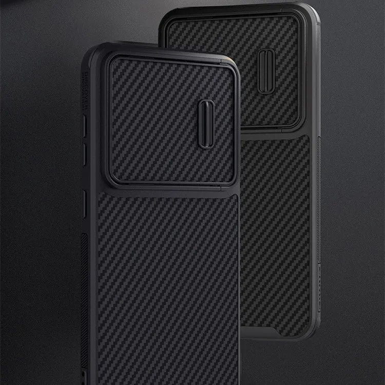 Black Samsung S23 Ultra mobile phone case with lens push cover and carbon fibre detailing