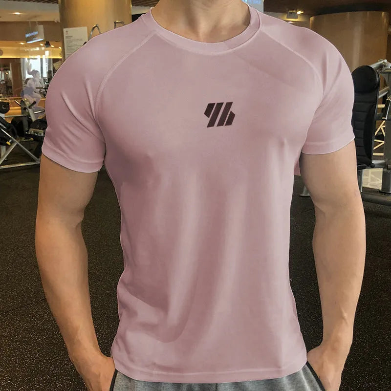 Men's quick-drying polyester compression top in solid black, white, light pink, or navy blue, sizes M to 3XL