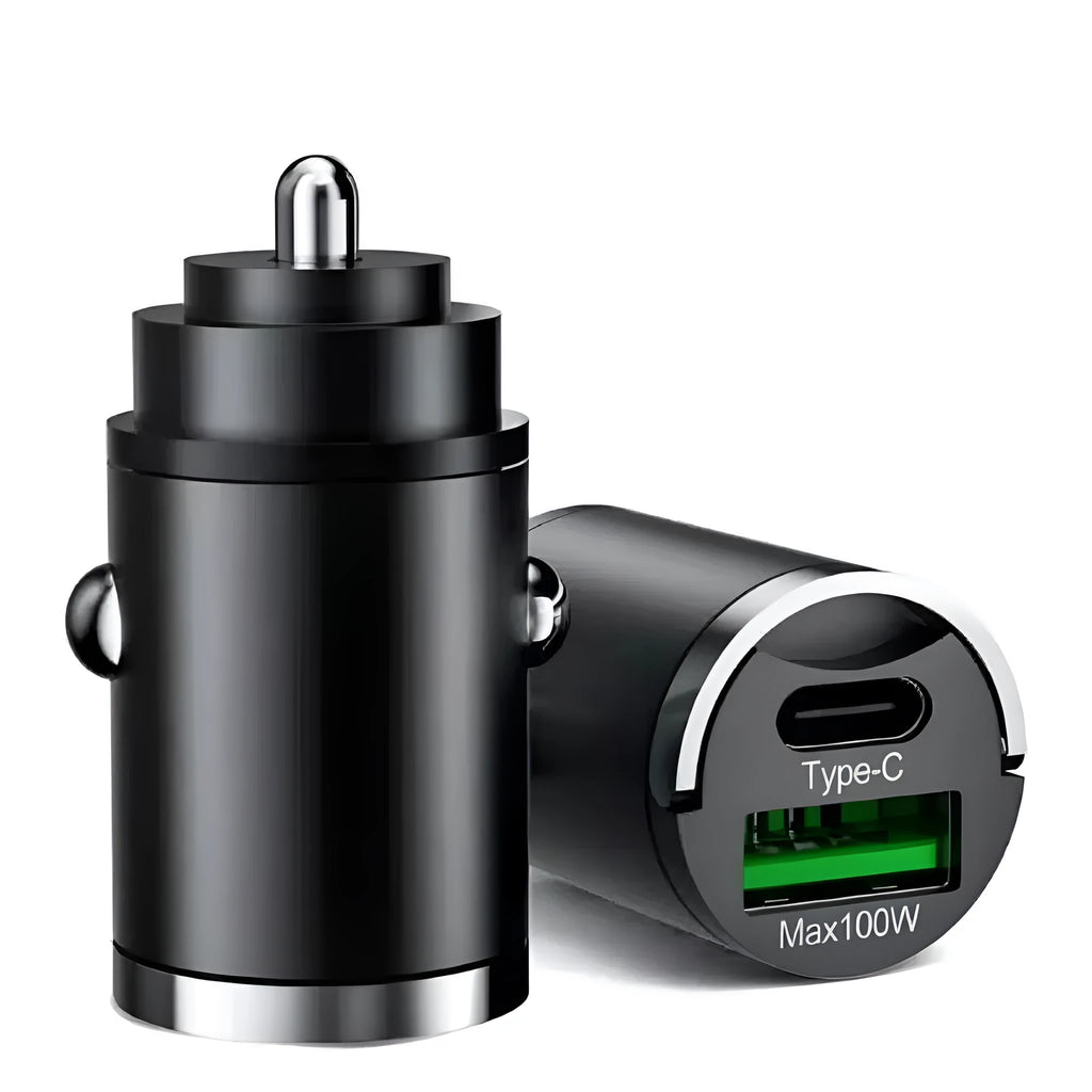 Black metal car charger with invisible pull-tab for 100W super fast charging via dual USB ports