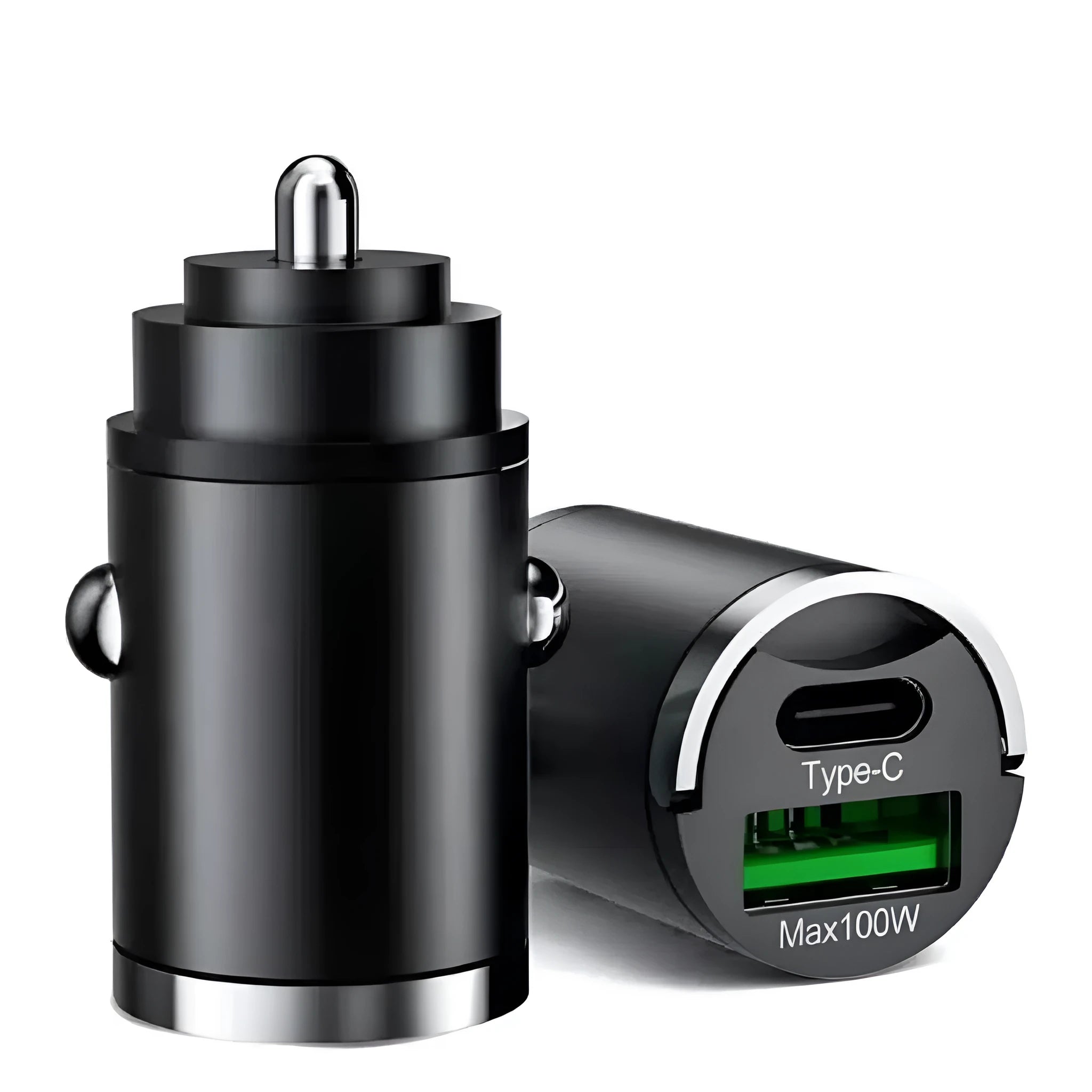 Black metal car charger with invisible pull-tab for 100W super fast charging via dual USB ports