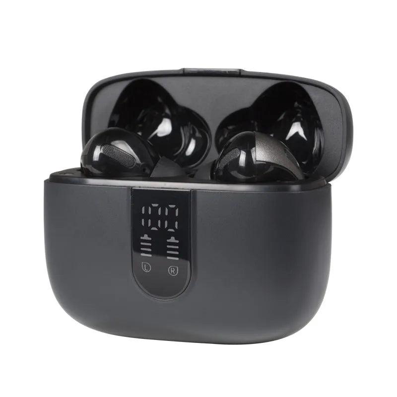 Jerry X08 black in-ear wireless headphones with digital display charging case and USB cable