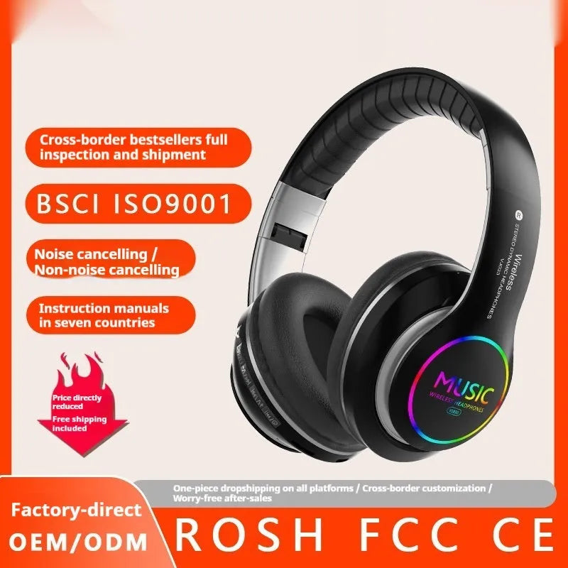 Wireless sports Bluetooth headphones in cool black, head-mounted over-ear design with metal stereo and low latency mode.
