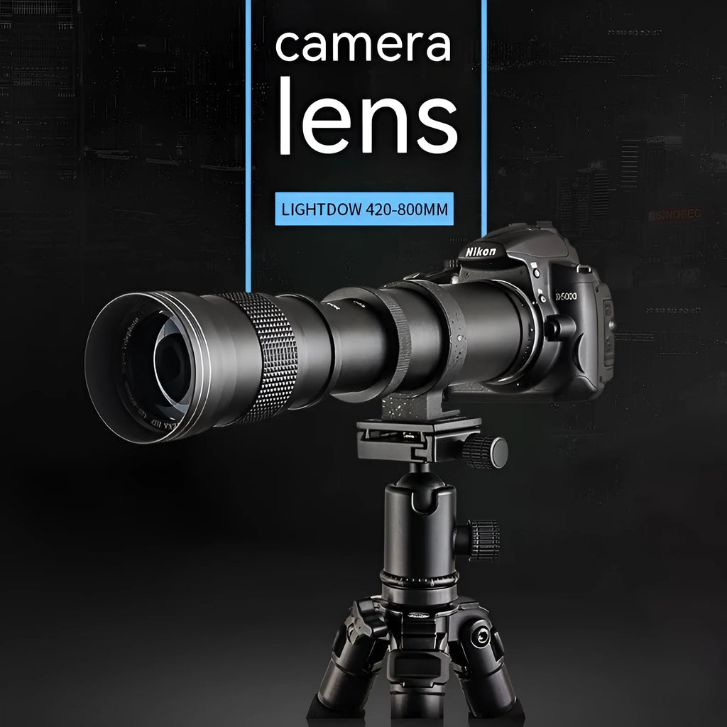Black manual telephoto zoom camera lens with 420-800mm focal length shown next to its T-mount adapter ring.