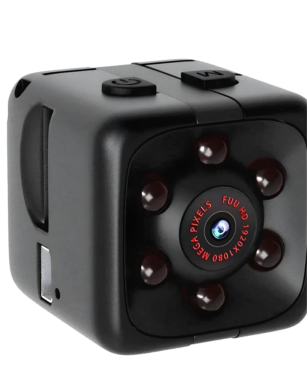 Black mini dashcam with USB cable showing 1080P and infrared night vision specifications