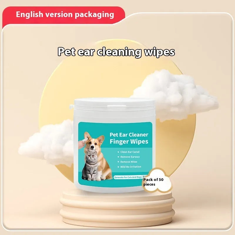Box of disposable pet cleaning wipes showing ear and tooth wipes with fingertip design for cats and dogs