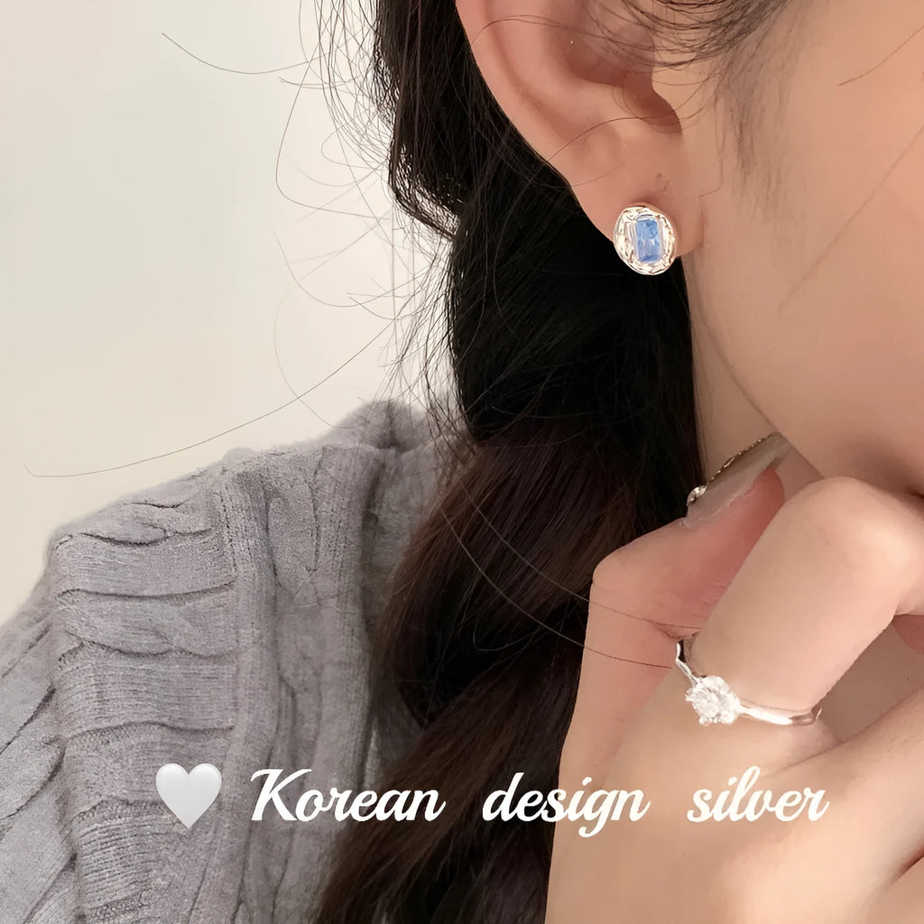 S925 sterling silver oval blue diamond heart-wrapped earrings for women