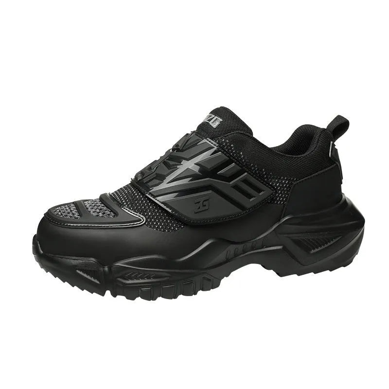 Black safety work shoes with steel toe cap, felt buckle closure, and anti-puncture sole for industrial use