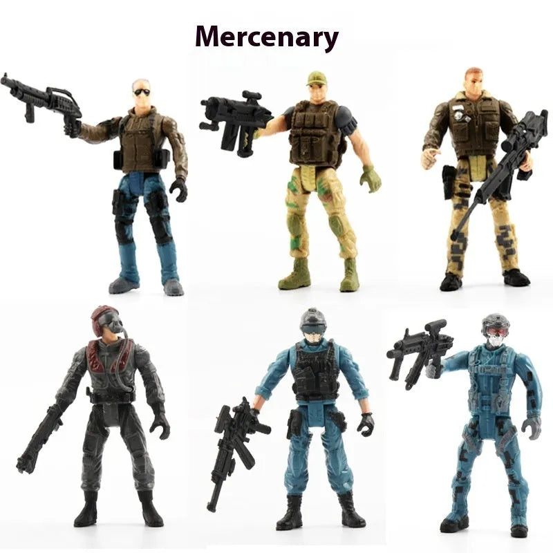 10cm plastic military soldier model with movable joints, shown in anti-terrorism special forces, Flying Tiger, zombie, and Employment Corps options.