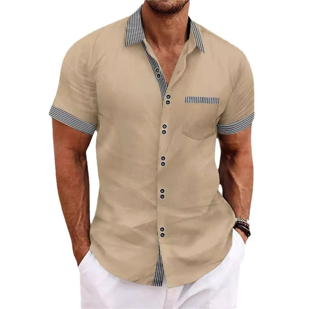 Men's striped slim-fit casual cotton shirt in multiple colours with short sleeves