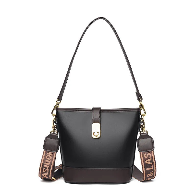 Soft black PU leather bucket bag with double shoulder straps and multiple compartments