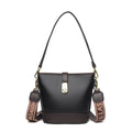 Soft black PU leather bucket bag with double shoulder straps and multiple compartments