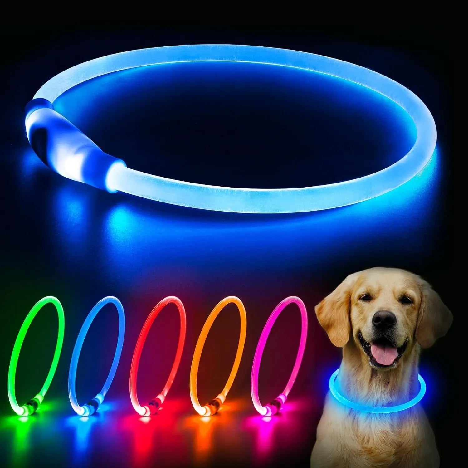 USB-rechargeable LED dog collar glowing in blue with adjustable 70cm length for pet safety