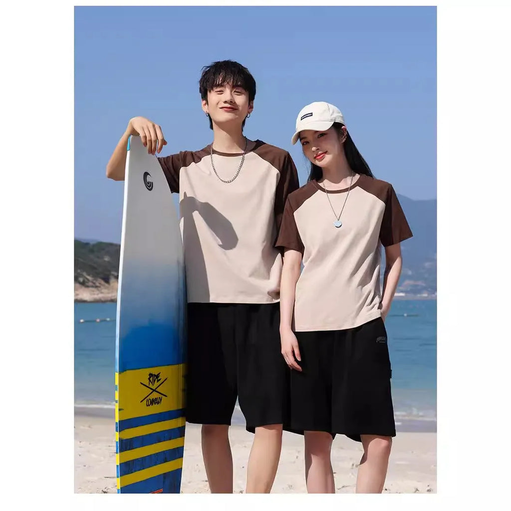 Round neck loose fit cotton blend t-shirt shown in A050 apricot army green colour option