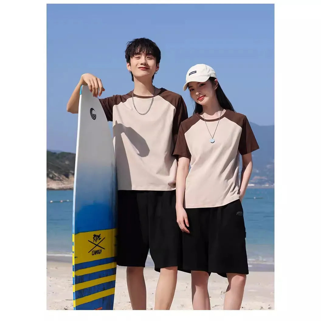 Round neck loose fit cotton blend t-shirt shown in A050 apricot army green colour option