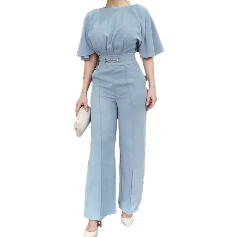 Blue casual suit with long sleeves and trousers, made from polyester fabric, available in sizes S to 3XL.