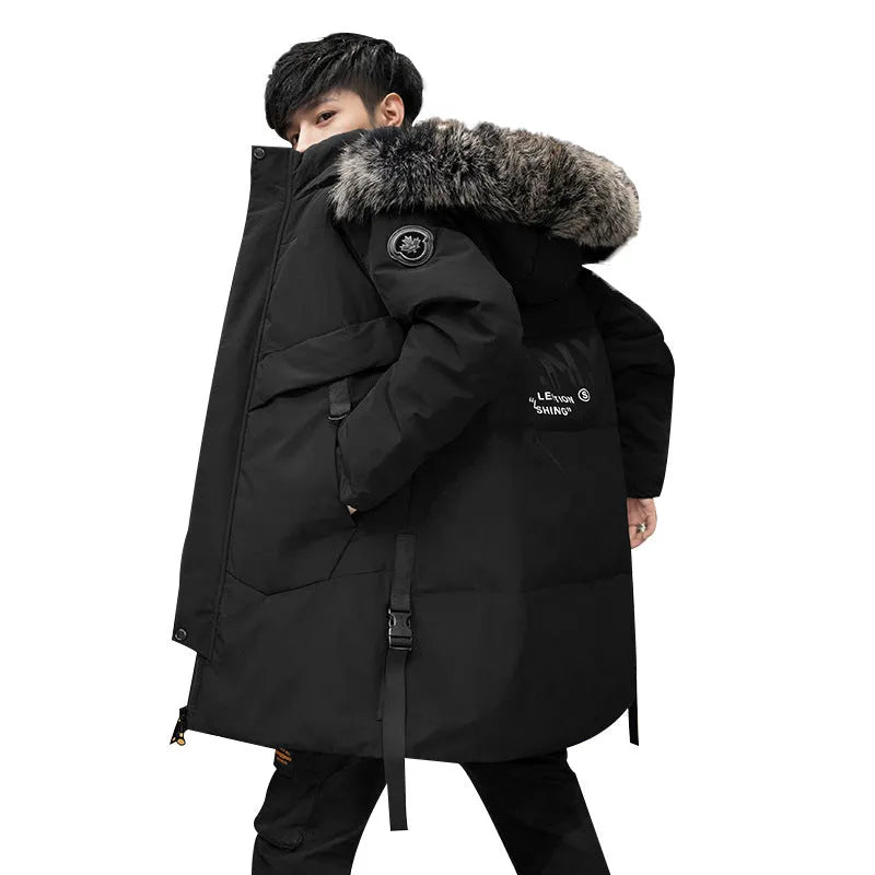 Men's long down jacket with white duck down filler, polyester lining, green or black, sizes M-3XL