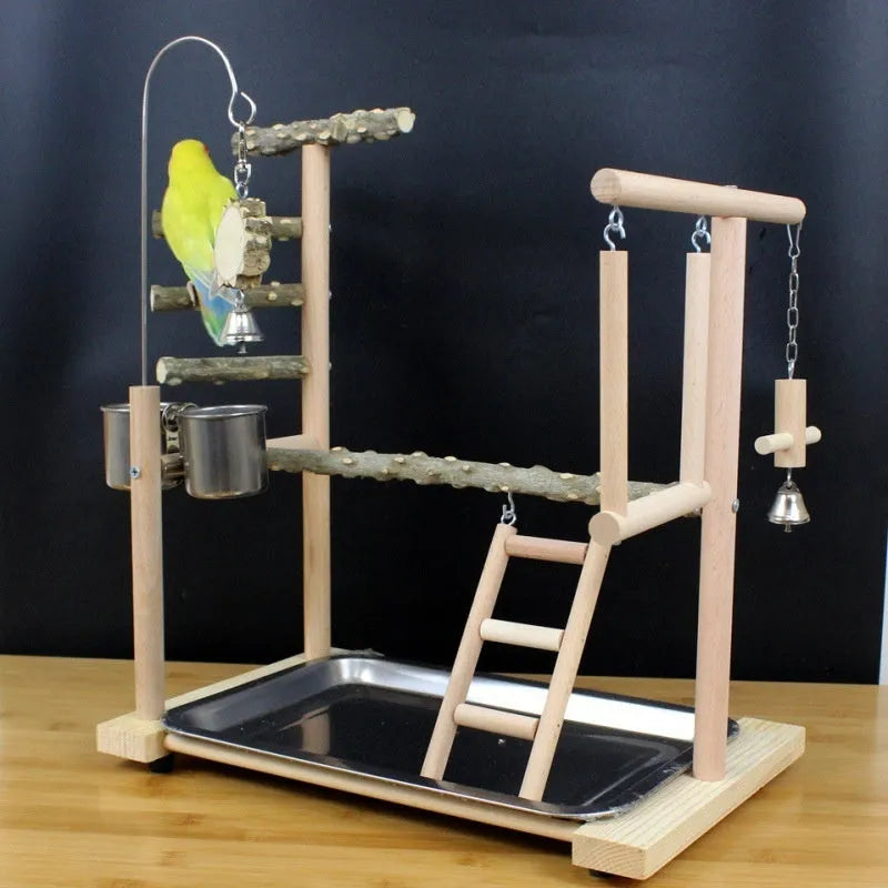 Natural pepper wood parrot stand with toy rack and textured tiger skin peony design.